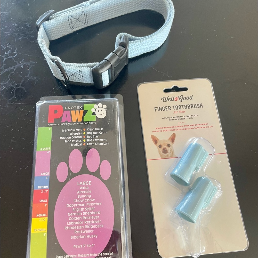 Brand-new dog collar, paws protectors, and finger toothbrush